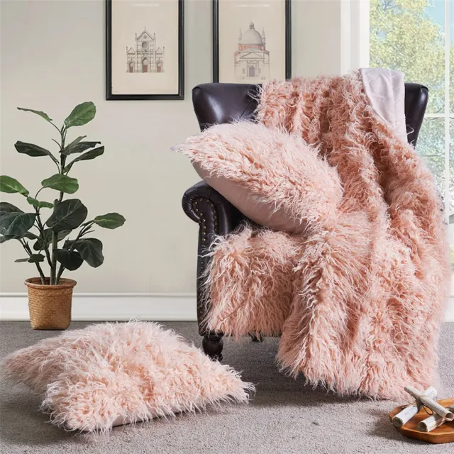 Super Soft Fuzzy Mongolian Faux Fur Throw Blanket and Pillow Covers 3 Piece Set