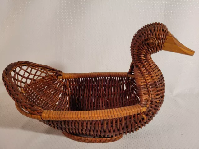 Wicker Rattan Duck Basket W/ Wooden Beak Vin Duck Shaped Basket Handmade