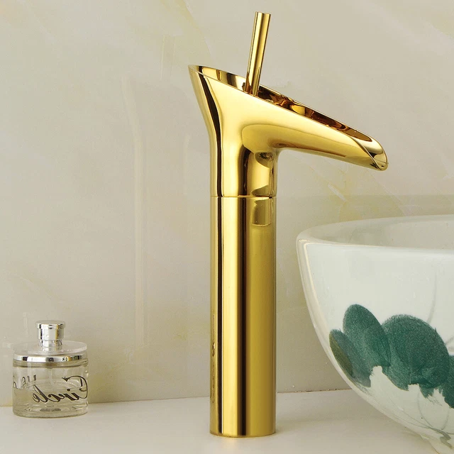 Wasserfall-Armatur Für Waschbecken – Einhebel-Mischbatterie In Gold, Kurzer Auslauf, Keramikkartusche, Für Bad & Toilette
