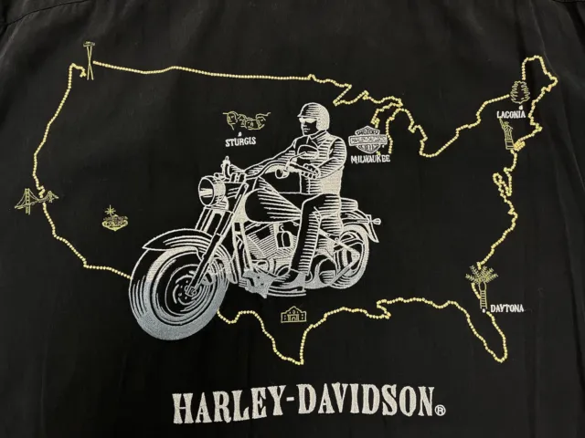 Vintage Harley Davidson Black Silk Button Up Sturgis Road Trip Embroidered Shirt