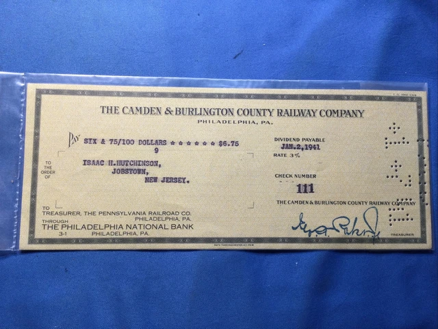 1941 Camden & Burlington County Railway Co. Philadelphia National Bank Check