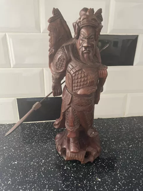 Vintage Hand Carved Solid Rosewood General GUAN GONG Statue W/ Spear. 14” Tall.