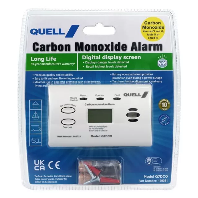 2 x  Quell Carbon Monoxide Detector Digital Display Alarm  No Wiring Model Q7DCO