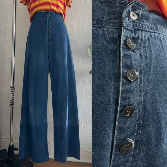 Vintage Bell Bottom Jeans 70s California Souvenirs Sailor Denim Flare Pants 25"