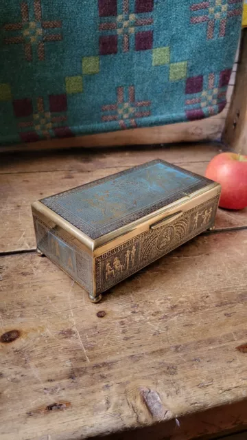 Antique Brass Box Wood Lined Cigarette Box Egyptian Decoration