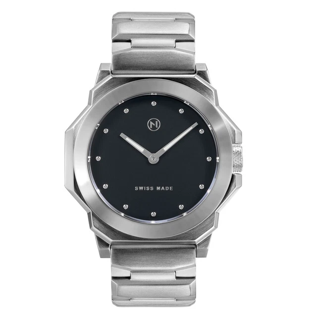 NOVE ROCKETEER Swiss Made Acciaio Quarzo Nero Pelle Silicone Unisex Orologio