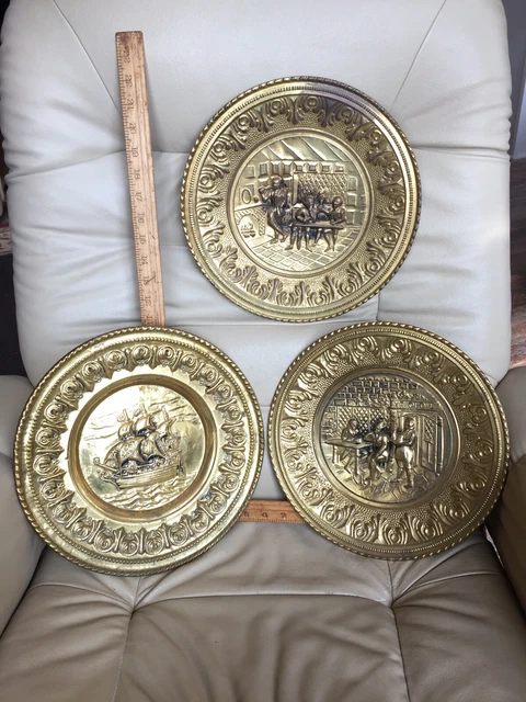 3 Vtg Brass Copper Embossed Wall Hanging Plates Sail Boat Pub Made In England