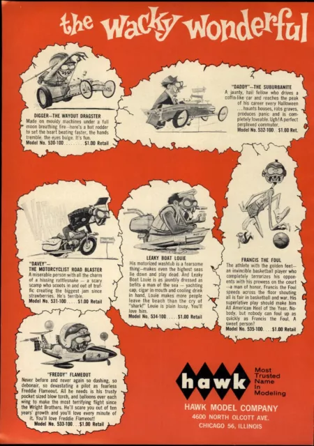 1964 PAPER AD 2 PG Hawk Scale Model Kit Weird-Ohs Drag Hag Freddy Flameout +++