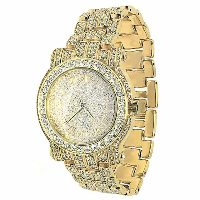 Men's Dress Luxury Style Yellow Gold Tone Techno Pave Metal Fashion Wrist Watch