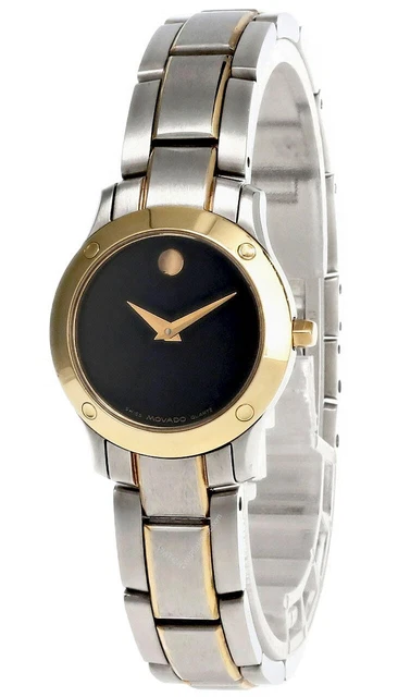 Movado Verso Stainless Steel Blk Dial Gold Bezel Women's Watch 0604058