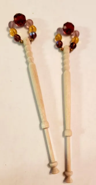 Set of 2 Carved Wood Spangled Lace Bobbins with Glass Beads