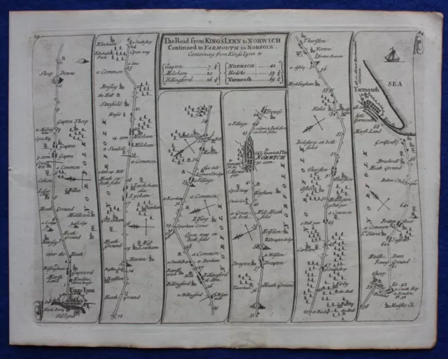 KING'S LYNN TO NORWICH, NORFOLK, antique road map, SENEX, OGILBY, pl 84-85, 1762