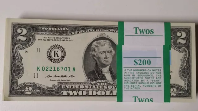 10 Mint, Uncirculated Two Dollar Bill, Crisp $2 Note Consecutive Serial Number