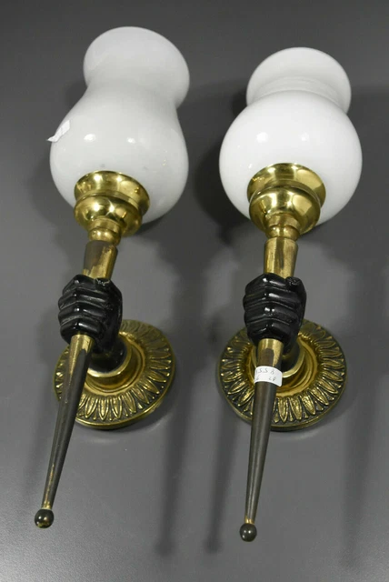 PAIR LARGE French Bronze MAISON JANSEN Hand wall lights sconces 1960 opaline