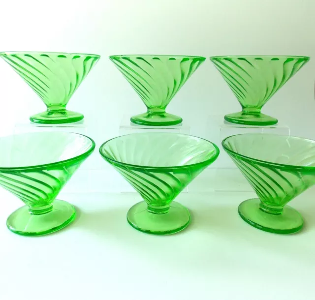Six Federal Diana Green Swirl Sherbet Dishes Vintage 1930'S Green Glass Sherbets
