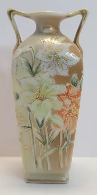 Antique Hand Painted Nippon Vase Double Handled Gold Moriage Jewels & Flowers