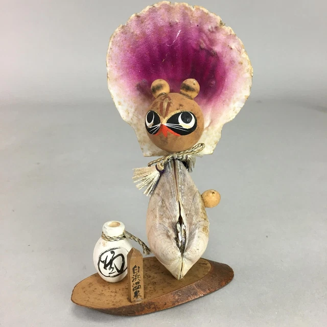 Japanese Kokeshi Doll Vtg Wooden Figurine Shell Racoon Dog Bottle KF299