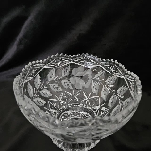 Clear Etched Floral Pressed Glass Candy Dish Snack Bowl Serving Sawtooth