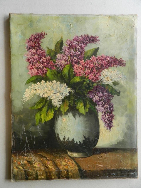 TABLEAU HUILE SUR toile , fleurs dans un vase , au dos une femme avec ...