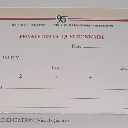 1986 95 Ninety Fifth Restaurant Private Dining Card John Hancock Center Chicago