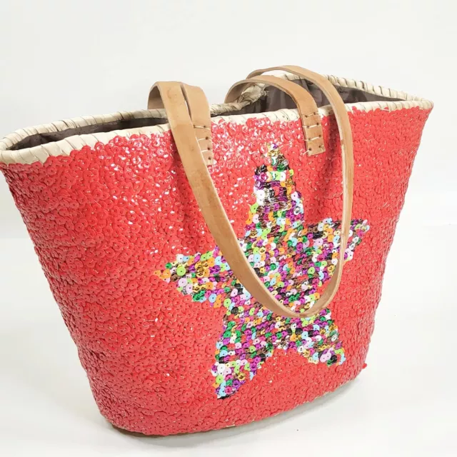 French Market Basket Sparkling Sequin & Leather Bag Star Mixed Colors & Red