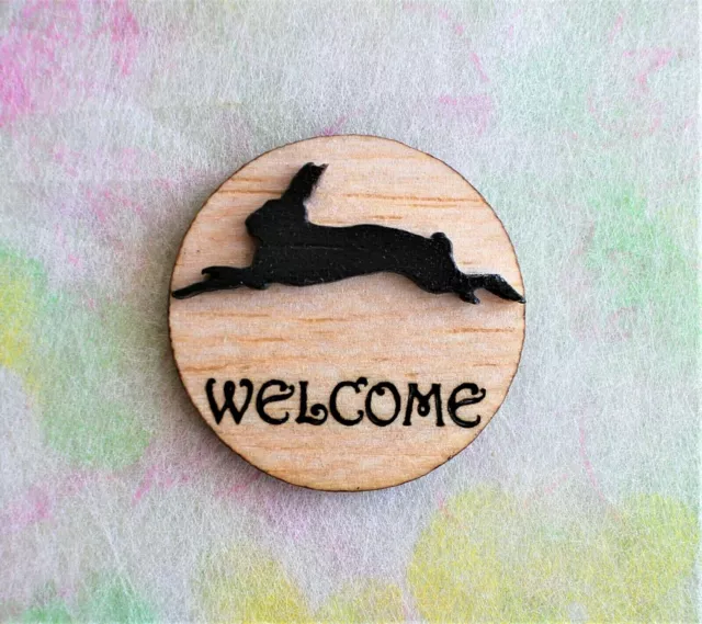 Original OOAK Mini Dollhouse Welcome Sign Running Rabbit Black  N Woolmer