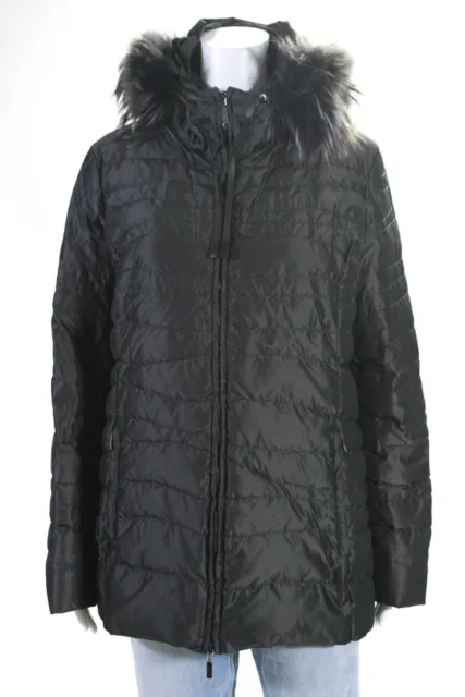 Moncler Womens Striped Fur Trimmed Hooded Zipped Darted Puffer Coat Gray Size L