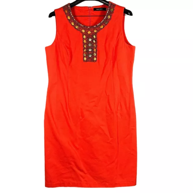 Ellen Tracy Sleeveless Beaded Red-Orange Shift Cotton Summer Midi Dress Sz 10