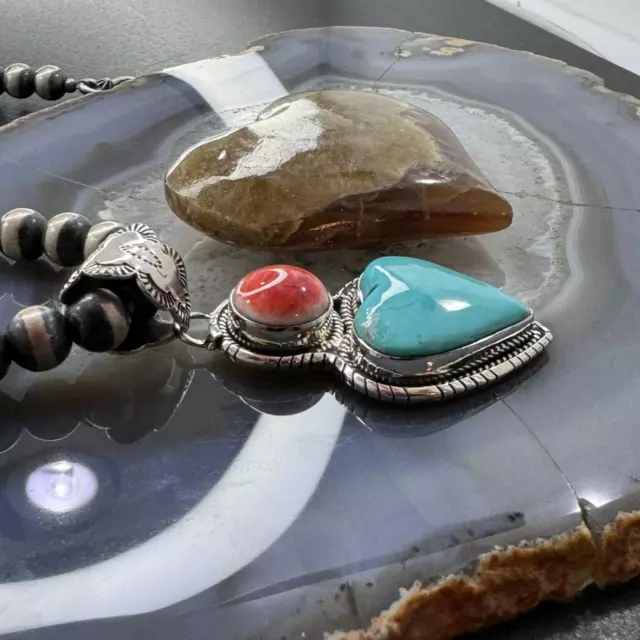 NATIVE AMERICAN STERLING Spiny Oyster & Turquoise Heart Shape Pendant ...