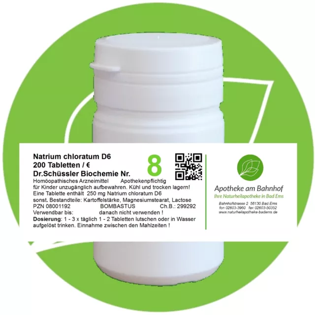 Schüßler - Salz 8 Natrium chloratum D6 glutenfrei 200 Tabletten PZN 08001192