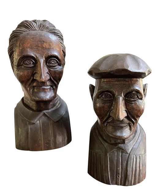 Mid 20th Century Spanish Folk Art Carved Old Couple Busts J. Alberdi - Pair