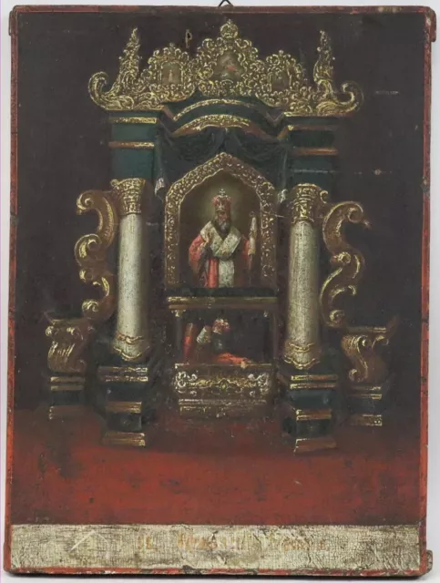 Schrein des Heiligen Nikolaus Ölgemälde auf Holztafel Russland 19.Jhd (BK3704)