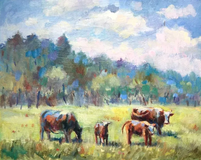 Cow Animal Original Oil Painting 10x8 flower pasture landscape summer Farm