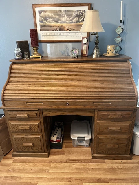 Solid Wood Roll Top Desk And Wood Rolling Chair