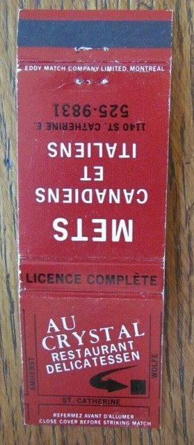 Deli Restaurant Matchbook Cover: Au Crystal Montreal, Quebec Empty Matchcover D8