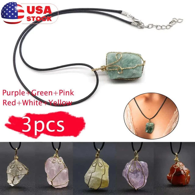 3x Natural Gemstone Necklace Chakra Stone Pendant Energy Healing Crystal & Chain