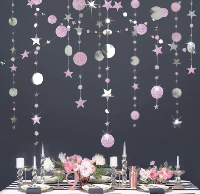Glitter Pink and Silver Theme Circle Dot Garland Twinkle Little Star Streamer
