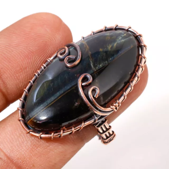 Iron Tiger's Eye Copper Wire Wrapped Handcrafted Gift Jewelry Ring 10.25" PA 53