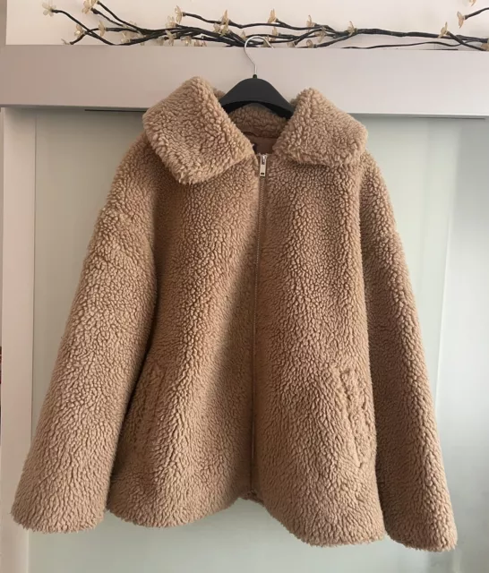 PRIMARK BEIGE FLUFFY Teddy Bear Coat Size S Fits Uk 10 12 Ex Cond