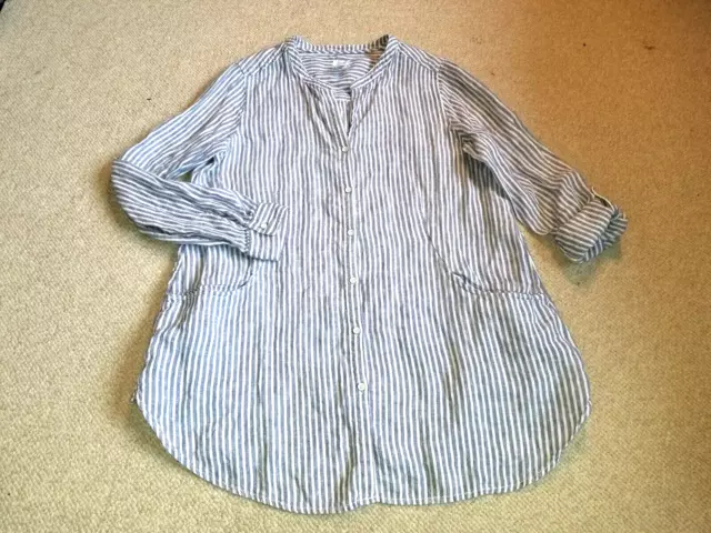 Womens Blouse-SIGRID OLSEN-white/blue striped 100% linen buttondown tunic-M