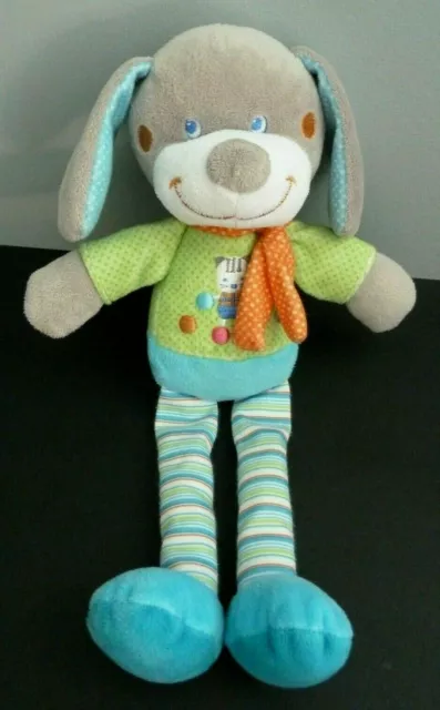 H7. DOUDOU MOTS D'ENFANTS CHIEN BLEU VERT POIS CHAT ECHARPE ORANGE 30cm TTBE