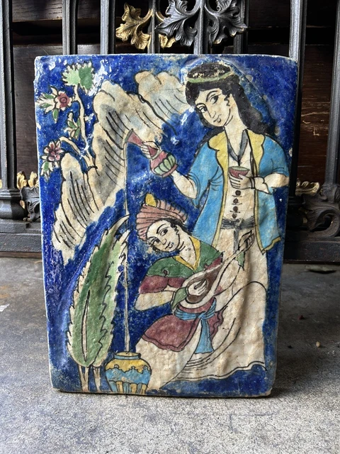 Antique Persian Iznik Qajar Art Pottery Polychrome Tile Horse Falconer & Huma