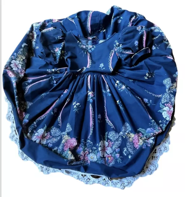 Vtg 80s Daisy Kingdom Factory Dress Blue Floral Lace Short Puffy Sleeve Pleats 3