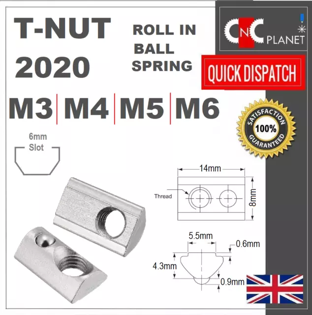 T nut M3 M4 M5 M6 Roll in Ball Spring Slide Aluminum Extrusion 20 Series Profile