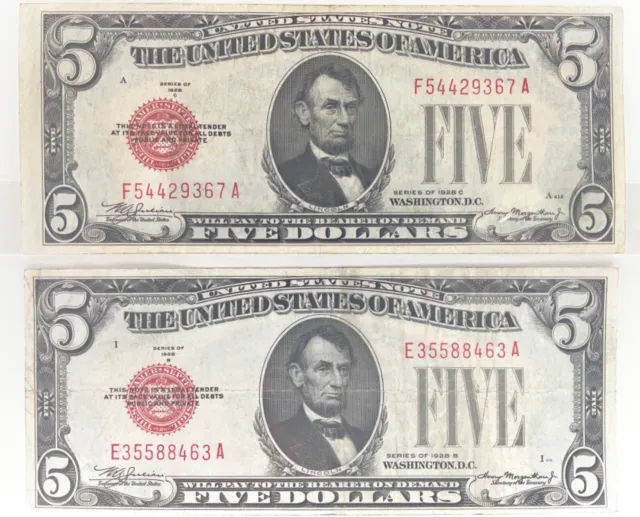US $5 Red Seal  (1928B) Fr# 1527, $5 Red Seal (1928C) Fr#1528 VF+