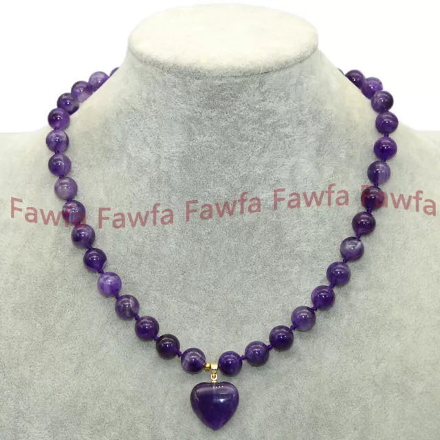 Natural 10mm Purple Amethyst Round Gems Beads Heart shaped Pendant Necklace 18''