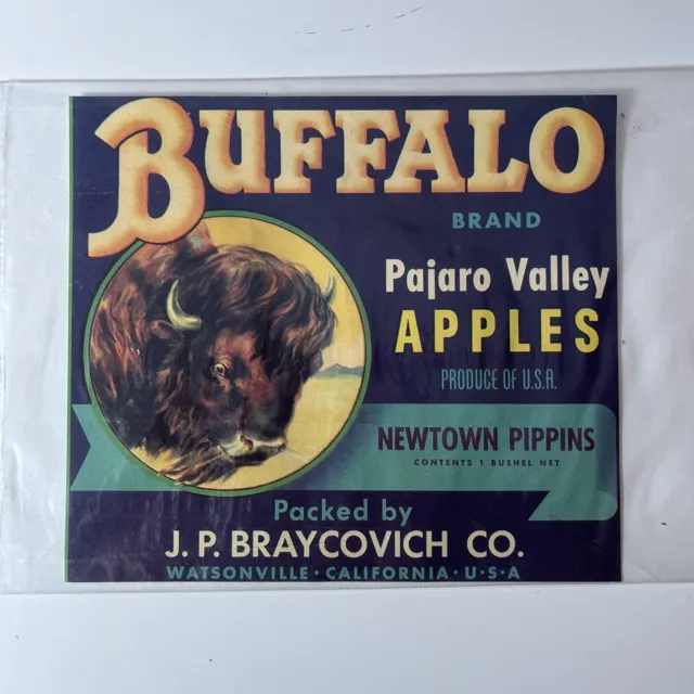 Buffalo Brand Vintage Apples Crate Label J. P. Braycovich Co. Watsonville, Ca.