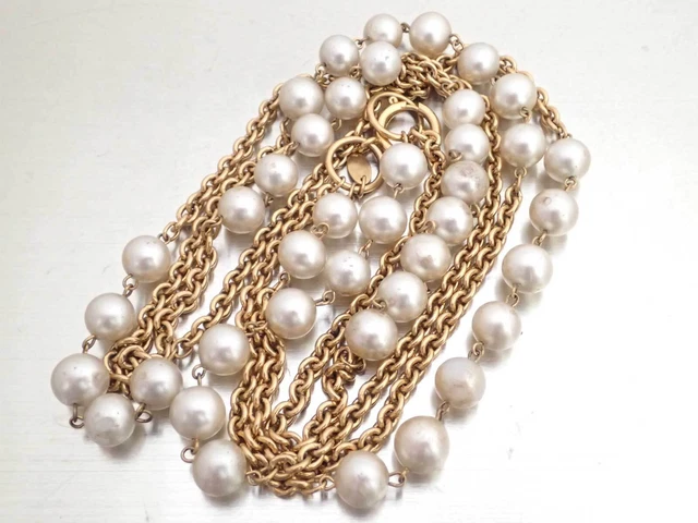 Auth CHANEL Double Chain Necklace Gold/White Metal/Faux Pearl - e54409a