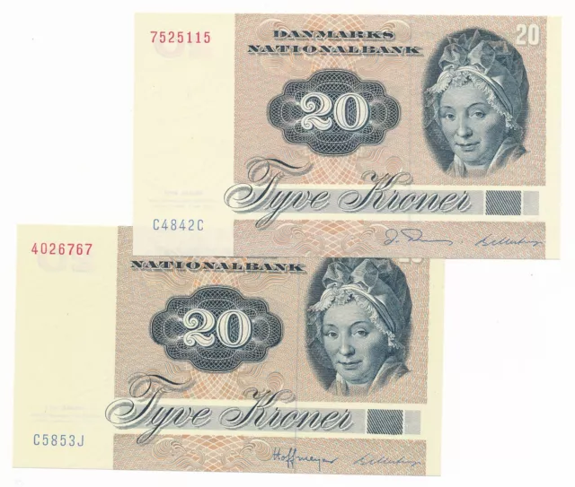Denmark 20 Kroner 1984 aUnc & 1985 Unc - Prefix C4 & C5 - 2 Notes