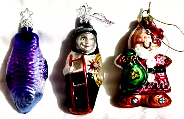 3 VTG Xmas Ornaments Glitter Mica Mercury Glass Ladder Santa Gingerbread Fish